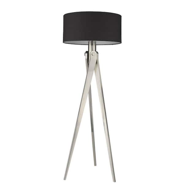 HomeRoots 61 in. Black and Silver 1 Light 1-Way (On/Off) Tripod Floor Lamp for Liviing Room with Cotton Round Shade