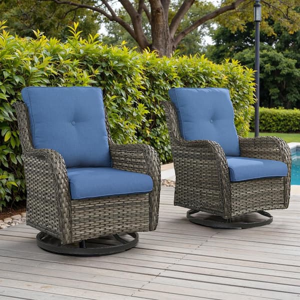 Outdoor Swivel Gray Wicker Outdoor Rocking Chair with CushionGuard Blue Cushions Patio (Set 2-Pack)
