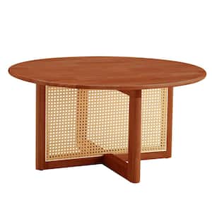 33 in. Red Wooden Round Coffee Table with Faux Rattan Accents Perfect for Stylish Living Room and Cozy Tea Time
