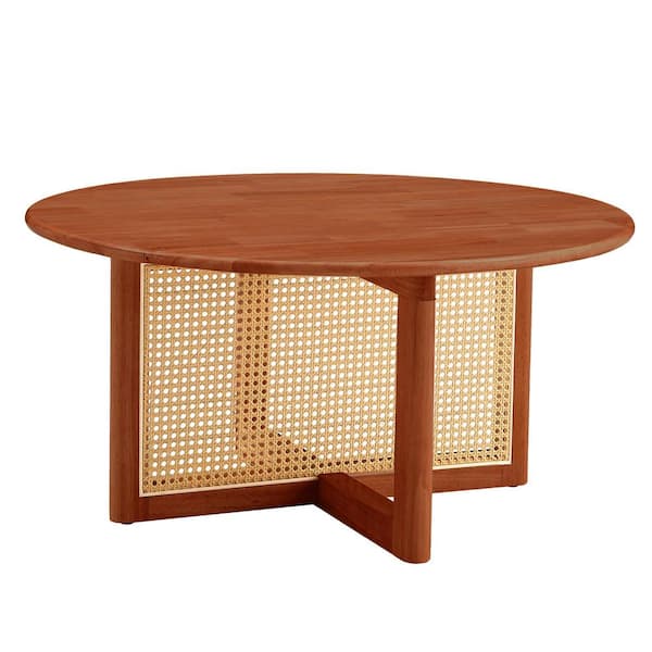 Zeus & Ruta 33 in. Red Wooden Round Coffee Table with Faux Rattan Accents Perfect for Stylish Living Room and Cozy Tea Time