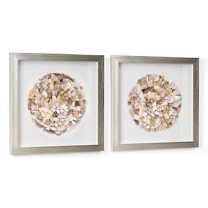 American Art Decor 3D Seashell Glass Mosaic Coastal Beach Wall Art, 2-Pc Set with Champagne Frame, Neutral 11.75 in x 11.75 in.