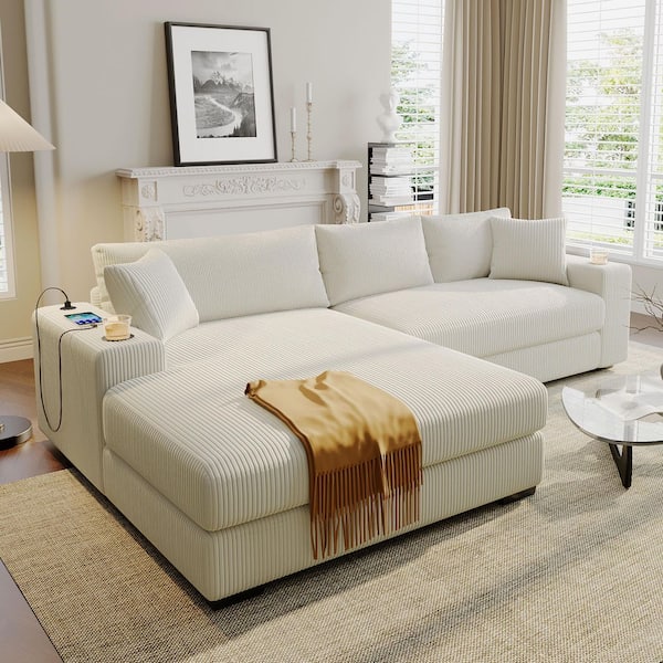 111.5 in. Square Arm L-Shape Corduroy Sectional Sofa in Beige with USB Charging Ports, Cup Holders