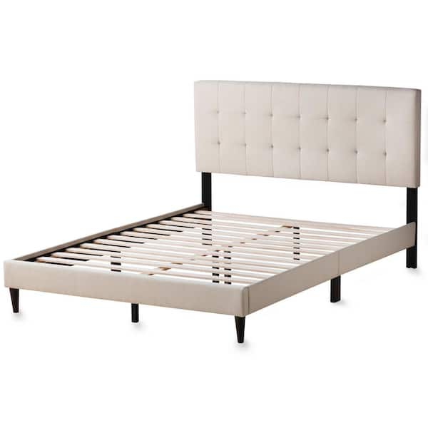 Brookside Cara Upholstered Cream Full Platform Bed Frame with Square Tufted Headboard