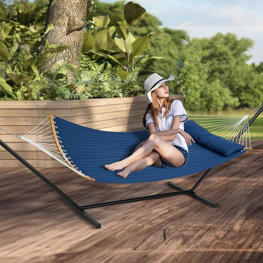 Blue Quilted Fabric Double Hammock with Stand and Pillow