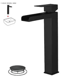 Waterfall Single Hole Single Handle Bathroom Vessel Sink Faucet With Drain Assembly in Matte Black