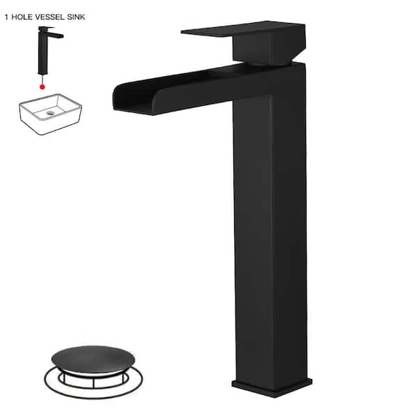 HOMEMYSTIQUE Waterfall Single Handle Vessel Sink Faucet with Drain Kit in Matte Black