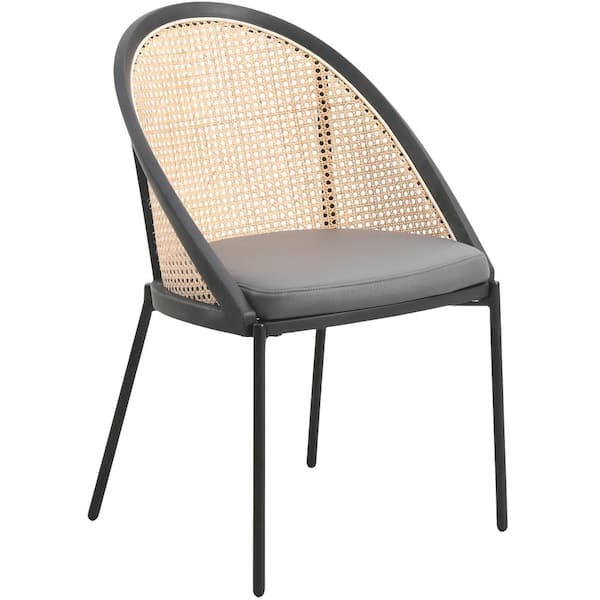 Leisuremod Dining Chair with Vinyl Fabric Seat and Wicker Backrest in Black Stainless Steel Urbane Collection in Charcoal