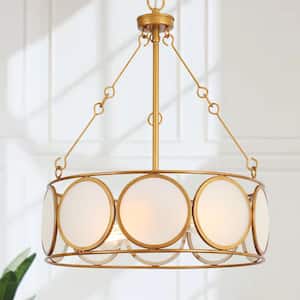 3-Light Antique Gold Modern Pendant Light, Frosted Glass Round Chandelier, Transitional Dining Room Drum Chandelier