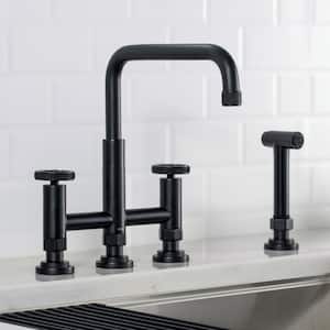 Urbix Double Handle Industrial Bridge Kitchen Faucet with Side Sprayer in Matte Black