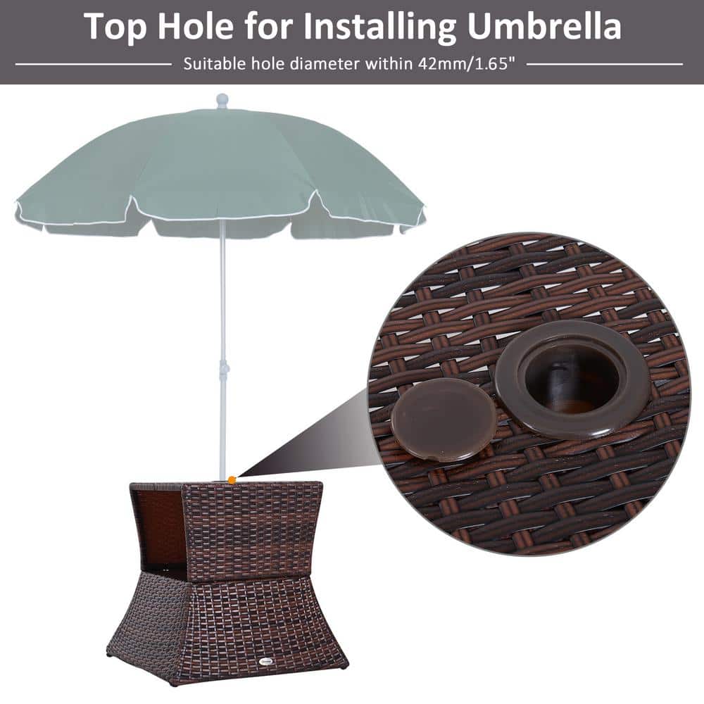 Brown Rattan Wicker Outdoor Side Table with Umbrella Hole