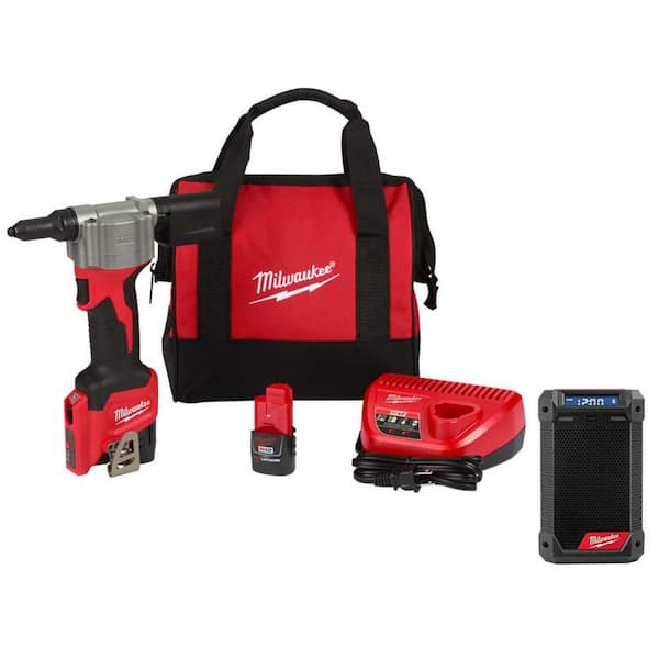 M12 12-Volt Lithium-Ion Cordless Rivet Tool Kit W/M12 Bluetooth/AM/FM  Jobsite Radio with Charger