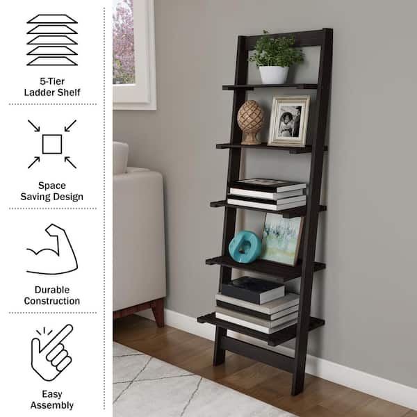50 in. Black Wooden 5-Shelf Leaning Ladder Bookcase with 5-Tiers