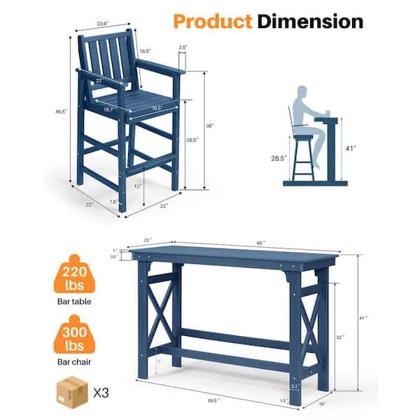 RUIZI 5-Piece Navy Blue HDPE Plastic Outdoor Bar Set with