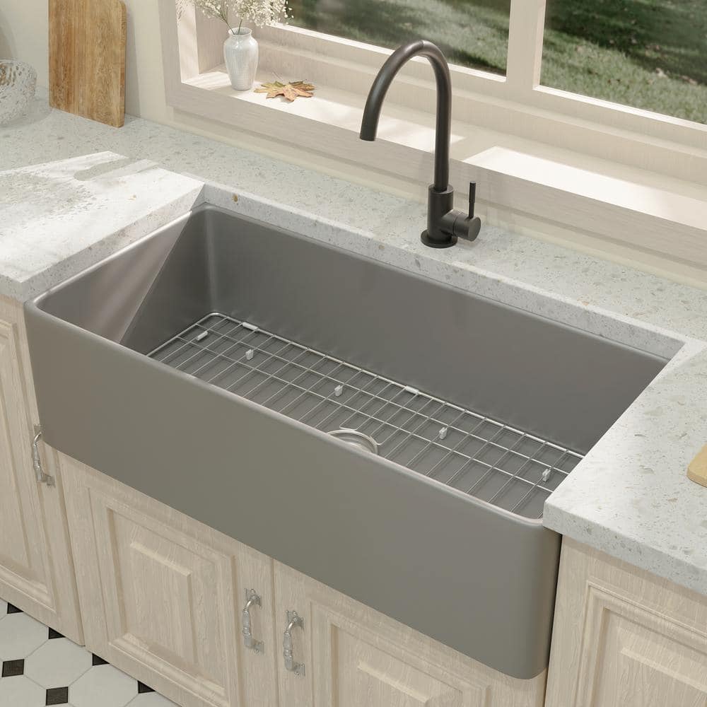 Tobili Grey Fireclay 36 In Single Bowl Farmhouse Kitchen Sink With