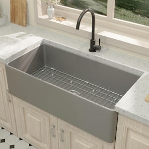 Grey Fireclay 36 in. Single Bowl Farmhouse Kitchen Sink with Bottom Grid and Basket Strainer