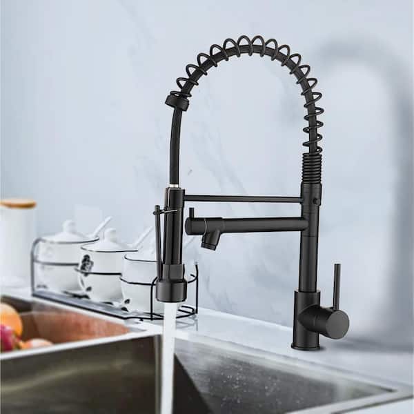Single Handle Pull Down Sprayer Kitchen Faucet with Dual Spout Deck Mount in Black