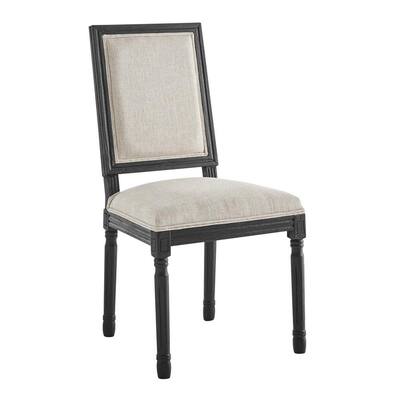 Court French Vintage Black Beige Upholstered Fabric Dining Side Chair