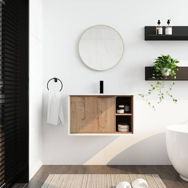 Unbranded 30 in. W x 18 in. D x 18 in. H Floating Wall-Mounted Bathroom Vanity in Imitative Oak with Ceramics Sink