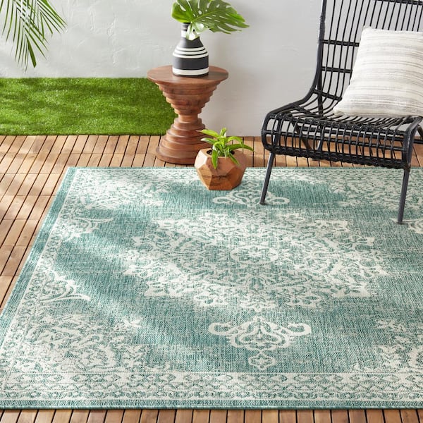 Patio Country Azalea Blue/White 8 ft. x 10 ft. Medallion Indoor/Outdoor Area Rug