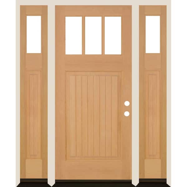Krosswood Doors 36 in. x 80 in. 3-LIte 1 Panel with V-Grooves Unfinished Left Hand Douglas Fir Prehung Front Door Double Sidelite