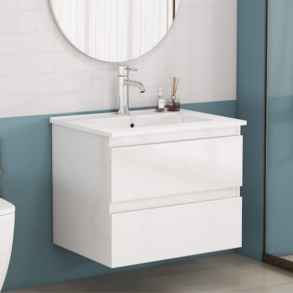 24 in. Single Sink Floating Glossy White Bath Vanity with White Ceramic Top