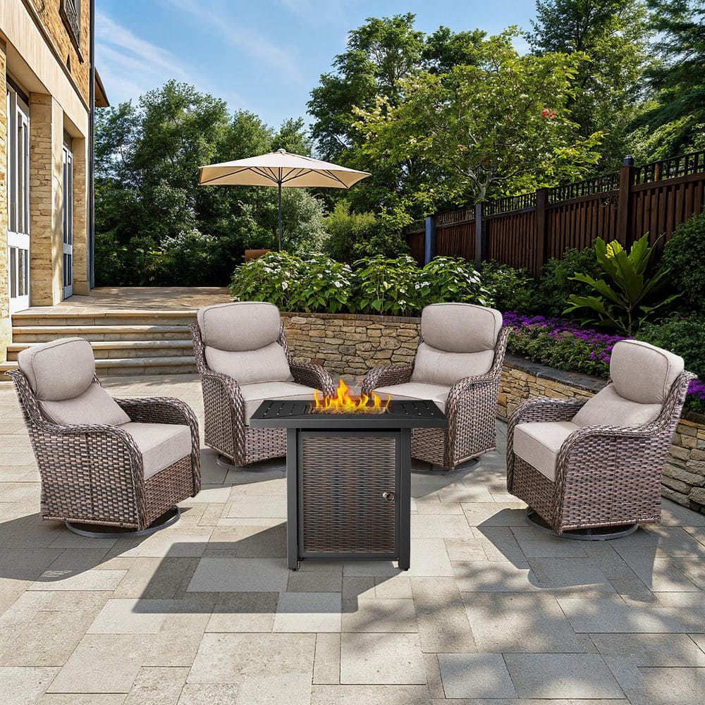 Arcadia Brown 5-Piece Wicker Patio Fire Pit Set, 4-Person Seating Set with Olefin Beige Cushions and Swivel Gliders price history on PriceWatchPro
