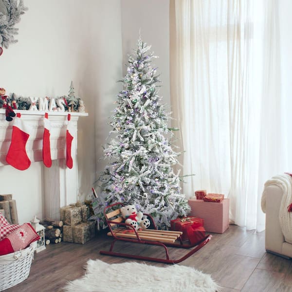 7.5-ft. Pre-Lit Mountain Pine Snow Flocked Artificial Christmas Tree, Multi-Color LED Lights