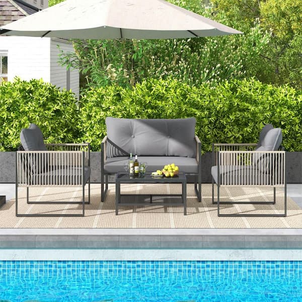 Costway 4-Piece Wicker Patio Conversation Set with Table and Thick Gray Cushions
