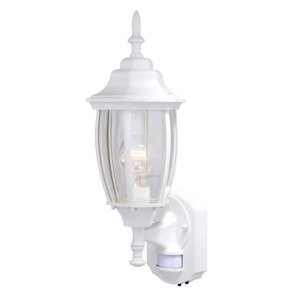 dualux Rogers Park Aluminum 6.25 in. W 1-Light White Motion Sensor Dusk to Dawn Outdoor Wall Lantern Clear Glass
