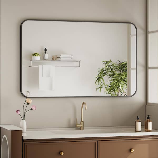 29.5 in. W x 47.2 in. H Rectangular Round Corners Black Aluminum Alloy Framed Bathroom Vanity Mirror Wall Mirror