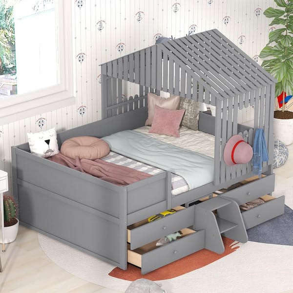 URTR Gray Full Size House Low Loft Bed with Four Drawers, Wooden Bed Frame with Roof & Windows for Kids