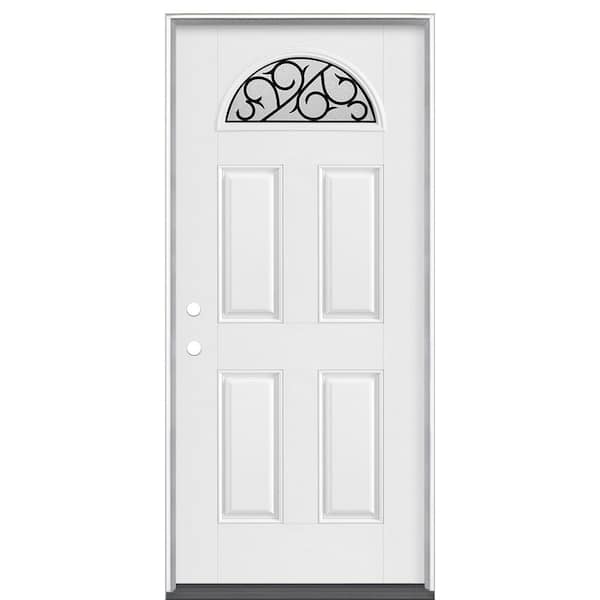 Masonite 36 in. x 80 in. Crescent Ivy Fan Lite Primed Right-Hand Inswing Smooth Fiberglass Prehung Front Door No Brickmold