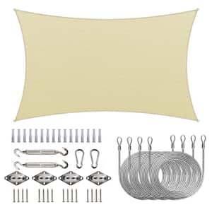 8 ft. x 10 ft. 190 GSM Beige Rectangle Sun Shade Sail with Rectangle Installation Kit Plus Cable Wire Ropes