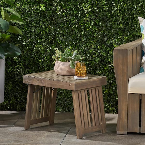 Unbranded Slat Design Outdoor Acacia Wood Folding Side Table for Porch, Balcony, Deck, Patio, Backyard, Gray Finish