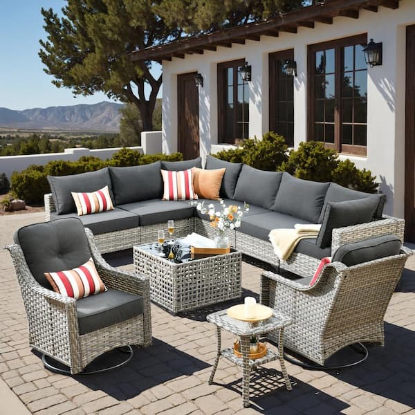 HOOOWOOO Howell 10-Piece Wicker Outdoor Patio Conversation Sofa Furniture Set with Swivel Rocking Chairs and Black Cushions
