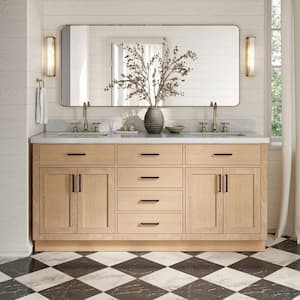 Hepburn 72 in. Double Sink Freestanding Bathroom Vanity in Oak with Carrara White Marble Top