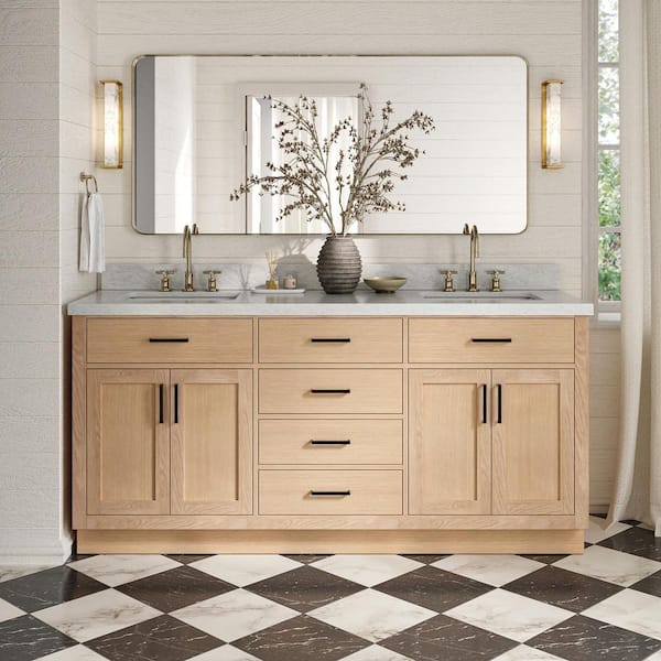 Hepburn 72 in. Double Sink Freestanding Bathroom Vanity in Oak with Carrara White Marble Top