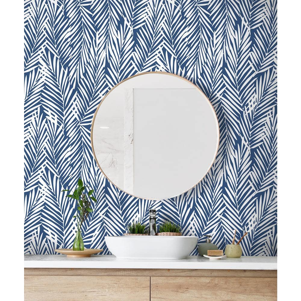 Coastal Blue Palm Leaf Peel and Stick Vinyl Wallpaper Roll