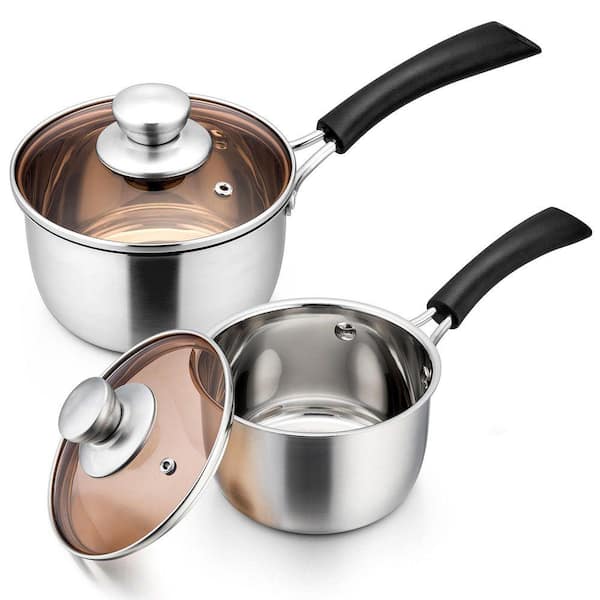 Stainless Steel Saucepan Set 2 Piece Mirror Polish Finish Even Heat Distribution Glass Lid Dishwasher Safe Kitchen