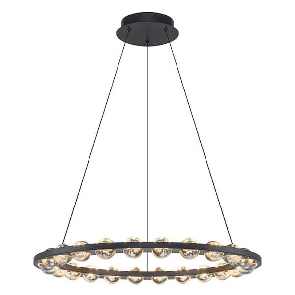 24 in. 24-Light Modern Matte Black Circle LED Pendant Light with Clear Bubble Glass Shades