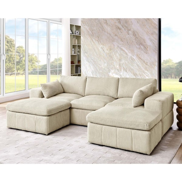 Patricia 106 in. Large Square Arms 5-Piece Corduroy Modular Sectional Sofa in. Beige with Ottomans, 2 Pillows