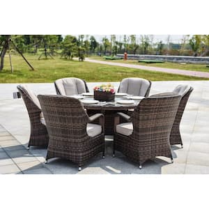 Lunas Brown 7-Piece Wicker Outdoor Dining Set with Beige Cushion