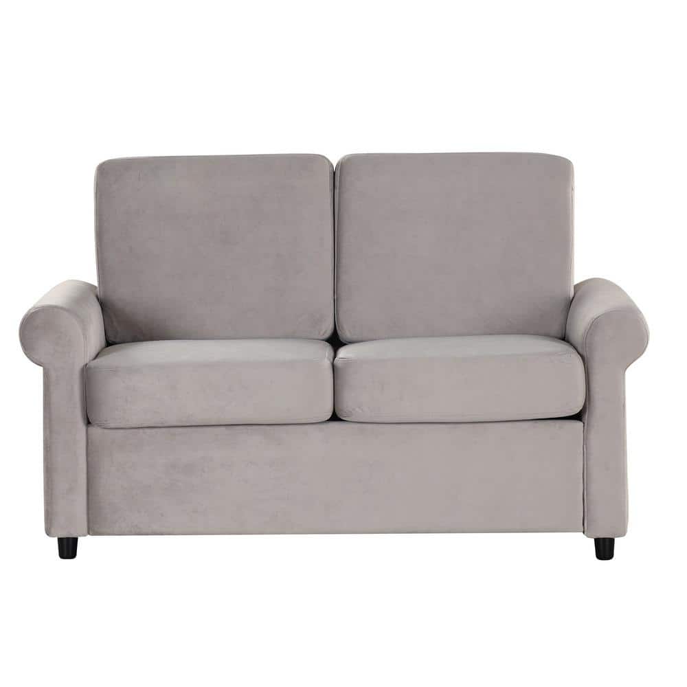 57.4 in. Square Arm Velvet Rectangle Sofa with Premium Twin Size Mattress Pad in. Light Gray