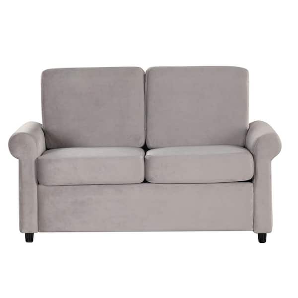 Polibi 57.4 in. Square Arm Velvet Rectangle Sofa with Premium Twin Size Mattress Pad in Light Gray