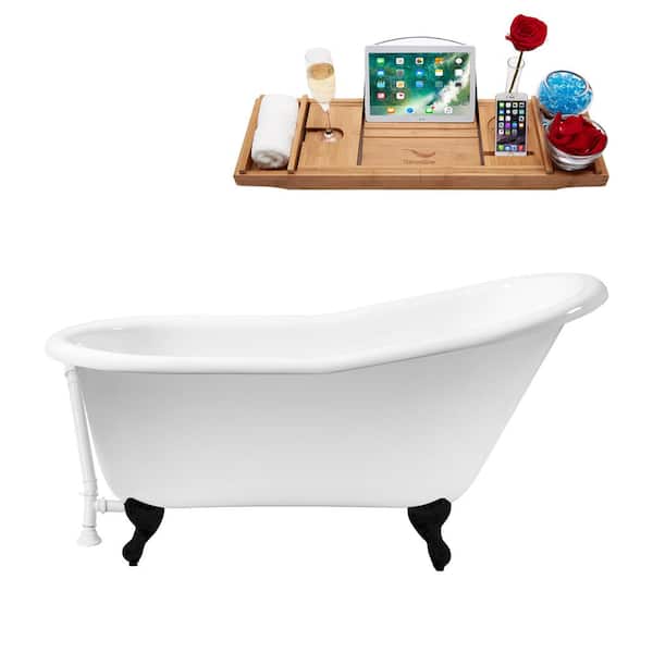 Streamline 60 in. x 30 in. Cast Iron Clawfoot Soaking Bathtub in Glossy White with Matte Black Clawfeet and Glossy White Drain