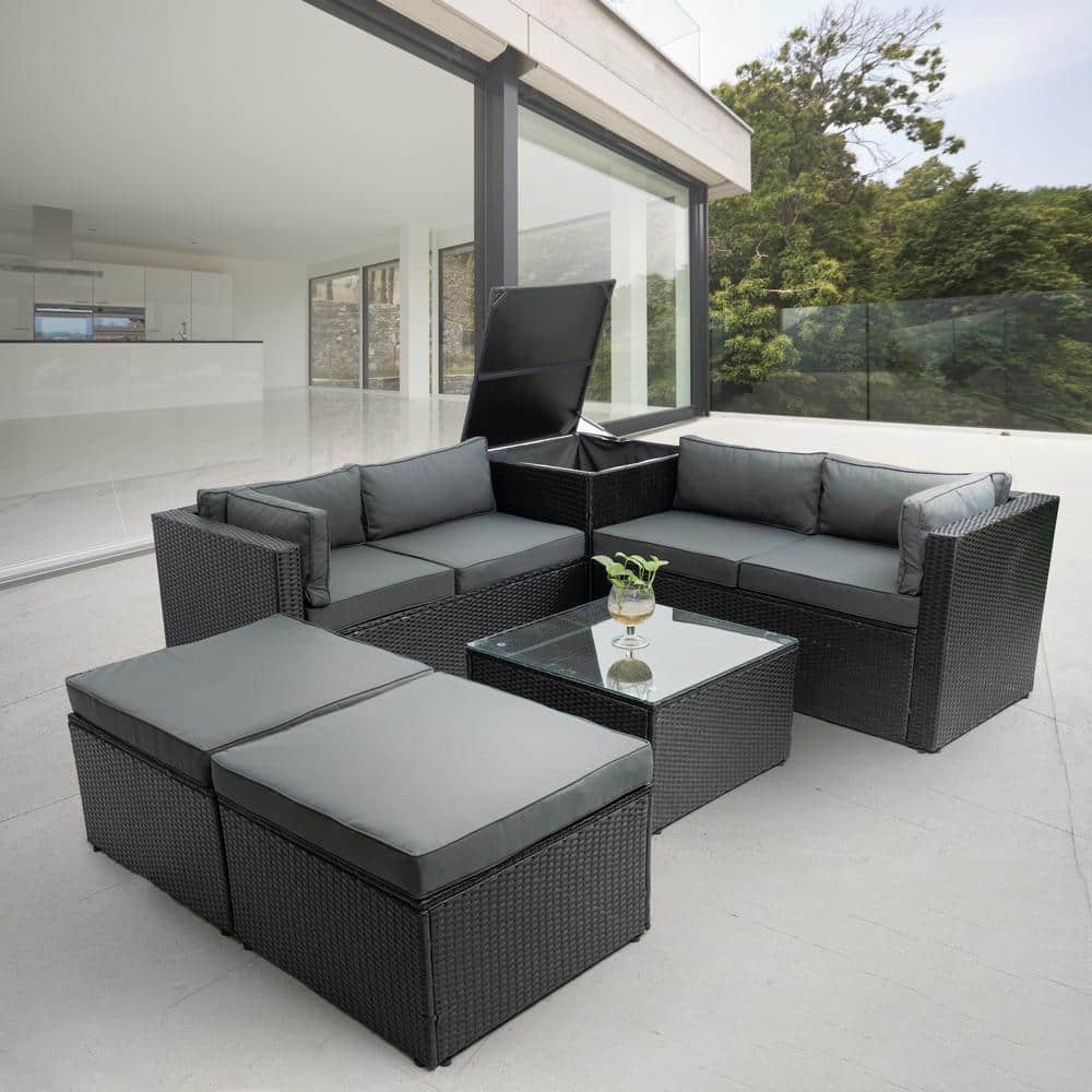 6-Piece Wicker Patio Conversation Set with Dark Gray Cushions and Storage B