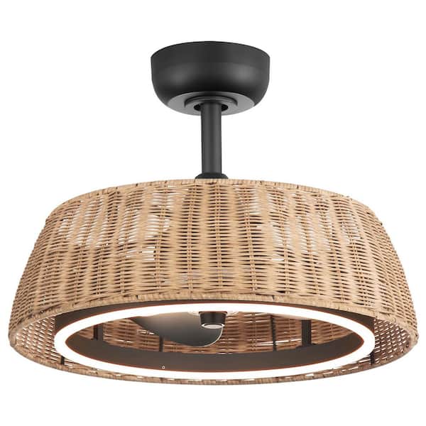 20 in. Indoor Black Rattan Hemp Rope Boho Farmhouse Caged 6-Speed Ceiling Fan with LED Light and Remote Included