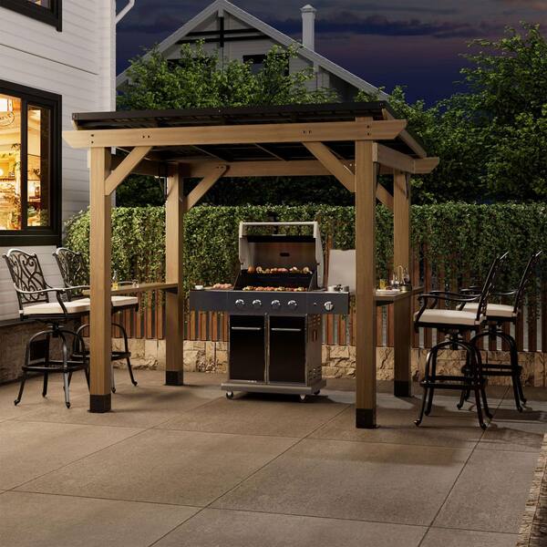 Cedarflow 8 ft. x 6 ft. Outdoor Cedar Wood Grill Gazebo with Galvanized Steel Sloped Roof and Side Wooden Holder