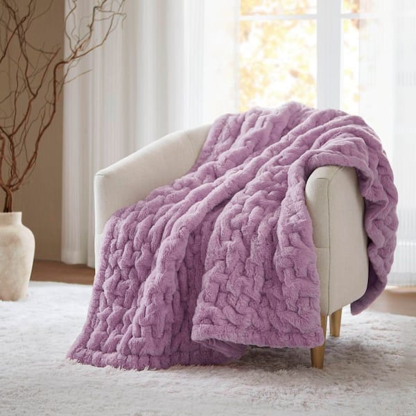 Madison Park Ruched Fur Lavender Gray Polyester Throw