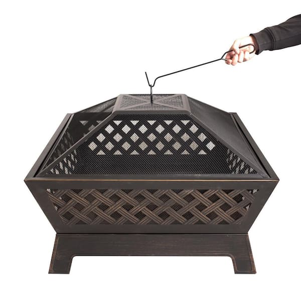 Hampton Bay - Tipton 34.00 in. W Rubbed Bronze Steel Wood Outdoor Fire Pit with Screen and Poker Included
